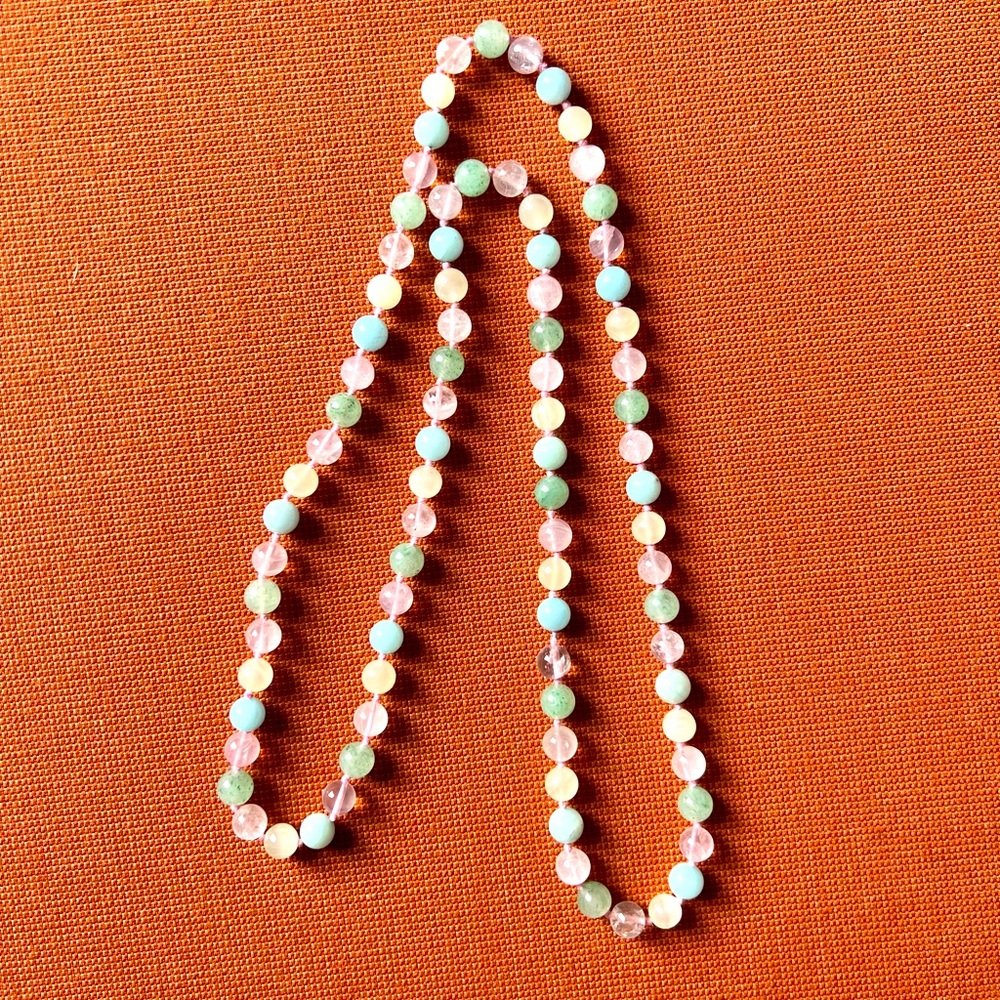 Vintage Hand Knotted Pastel Quartz Bead Necklace Multi Color 32”